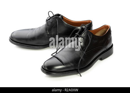 Pair black leather formal mens shoes. Lace up business wear. Stock Photo