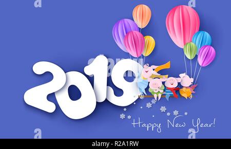 2019 New Year design card with funny company of pigs sitting on swing with air balloons over numbers on blue background. Vector paper art illustration. Paper cut and craft style. Stock Vector