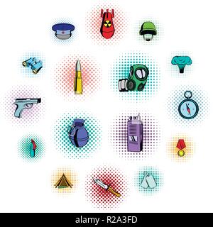 Military and war comics icons set isolated on white background Stock Vector