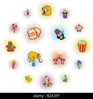 Circus comics icons set isolated on white background Stock Vector