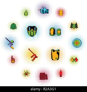 Paintball game comics icons set isolated on white background Stock Vector