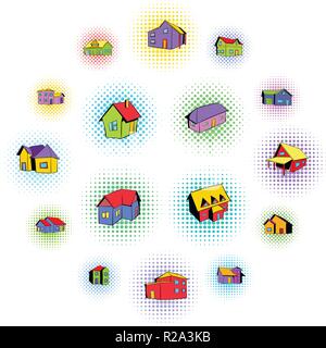 House icons set in comics style on a white background   Stock Vector