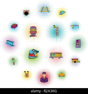 Railroad icons set in comics style on a white background   Stock Vector