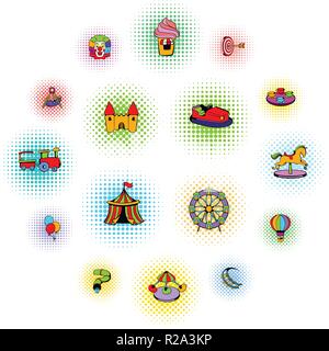 Amusement park set icons in comics style on a white background   Stock Vector