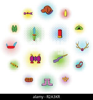 Hunting set icons in comics style on a white background   Stock Vector