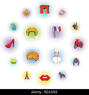 Paris set icons in comics style on a white background   Stock Vector