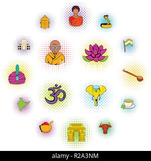 India icons set in comics style isolated on white Stock Vector