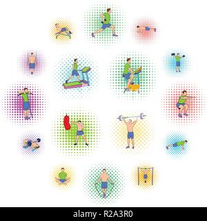 Gym icons set in pop-art style isolated on white background Stock Vector