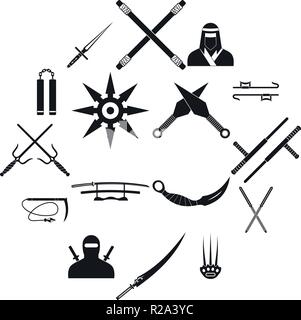 Ninja black simple icons set isolated on white background Stock Vector