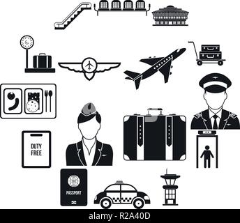 Airport black simple icons set isolated on white background Stock Vector