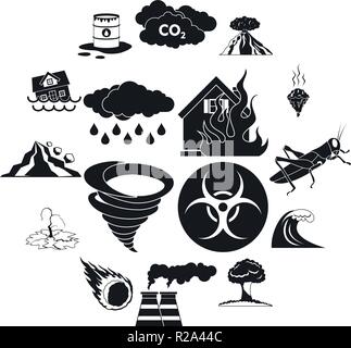 Natural disaster icons set in black simple style for any design Stock Vector