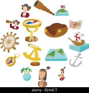 Happy Columbus Day cartoon icons set isolated on white background Stock Vector