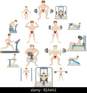 Gym icons set in cartoon style isolated on white background Stock Vector