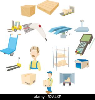 Warehouse logistic storage icons set in cartoon style on a white background Stock Vector