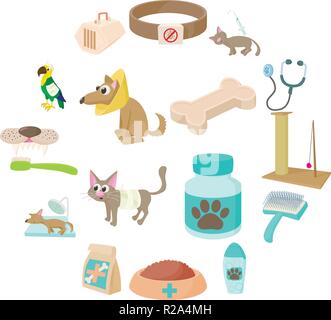 Veterinary icons set in cartoon style isolated on white background Stock Vector