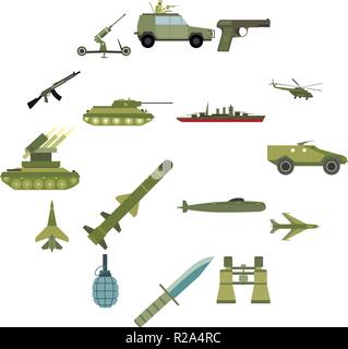 16 weapon flat icons set.  Color illustrations with military truck helicopter and ship  Stock Vector