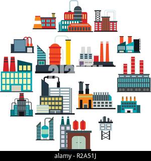 Industrial building factory flat icons set isolated on white background Stock Vector