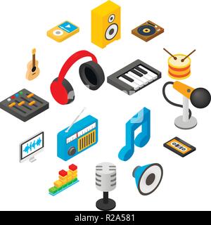 Music isometric 3d icons set isolated on white background Stock Vector