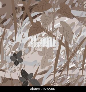 Military camouflage texture with trees, branches, grass and watercolor stains Stock Vector
