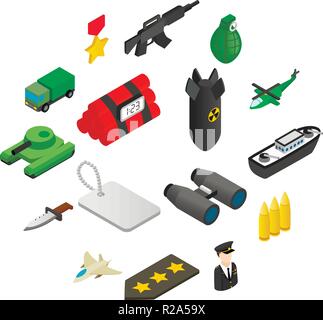 16 weapon isometric 3d icons set.  Color illustrations with military truck helicopter and ship  Stock Vector