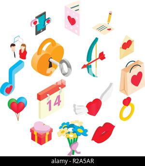 Valentines isometric 3d icons set isolated on white background Stock Vector