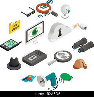 Spy isometric 3d icons set isolated on white background Stock Vector