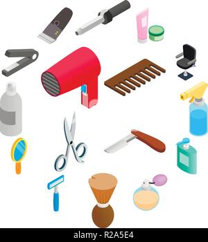 Barber shop isometric 3d icons. Hairdresser set isolated on white background Stock Vector