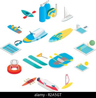 Water sport isometric 3d icons set isolated on white background Stock Vector