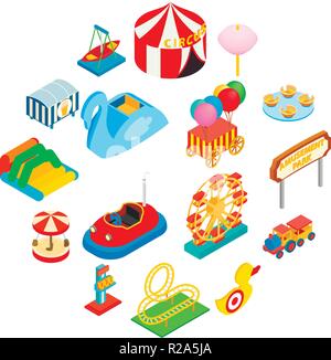 Amusement park isometric 3d icons set isolated on white background Stock Vector