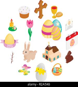 Easter isometric 3d icons set isolated on white background Stock Vector