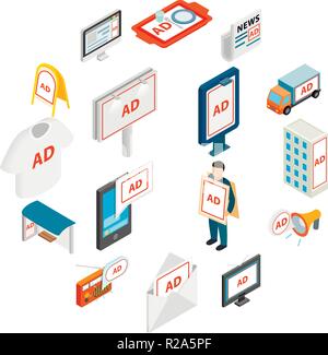 Advertisement icons set in isometric 3d style Stock Vector
