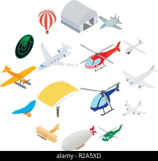 Aviation Icons Set in isometric 3d style isolated on white Stock Vector