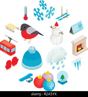 Winter elements icons set in isometric 3d style on a white background  Stock Vector