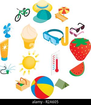 Summer elements icons set in isometric 3d style on a white background  Stock Vector