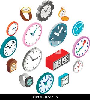 Clocks icons set in isometric 3d style isolated on white background Stock Vector