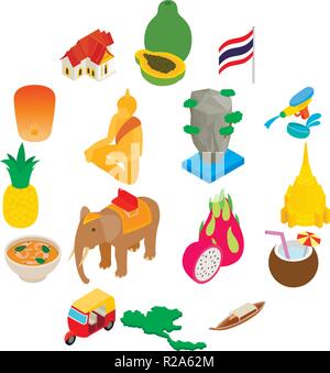 Thailand icons set in isometric 3d style on a white background Stock Vector