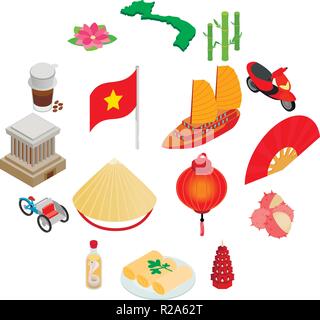 Vietnam icons set in isometric 3d style isolated on white background Stock Vector