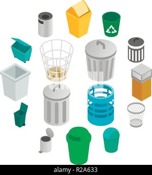 Trash can icons set in isometric 3d style on a white background Stock Vector