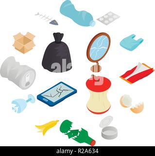 Waste and garbage for recycling icons set in isometric 3d style on a white background Stock Vector