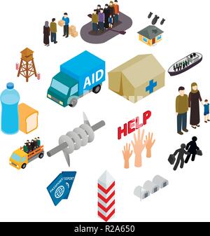 Refugees icons set in isometric 3d style on a white background Stock Vector