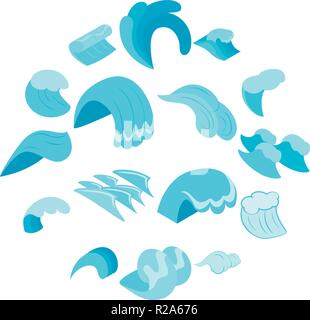 Sea waves icons set in isometric 3d style isolated on white background Stock Vector