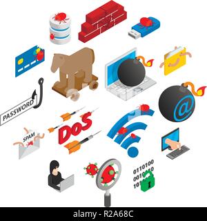 Hacking icons set in isometric 3d style isolated on white background Stock Vector