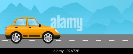 Orange car on a road. With mountain view Stock Vector