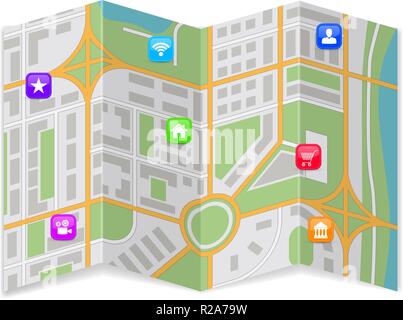 City map with popular location markers. Folded paper Stock Vector