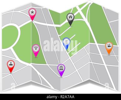 Folded paper city map. Zoom out view. With popular location markers Stock Vector