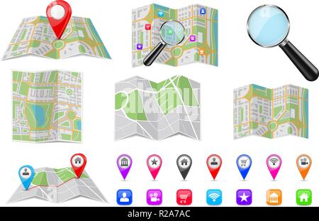 Travel tools - city maps, location markers, magnifying glass Stock Vector
