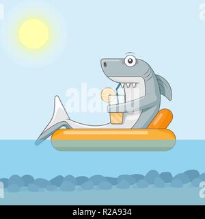 Shark drinks cocktail with a straw and floats on an air mattress in the sea. Weekends under the sun Stock Vector