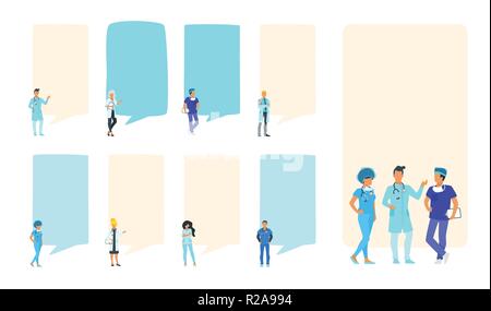 Doctor speech bubble set. People standing in front of a big empty banner. Design for social media to write healthcare information. Stories template. M Stock Vector