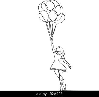 Continuous one line drawing. Girl flying in air with balloons. Vector illustration Stock Vector