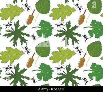 Seamless vector pattern with leaves, ants and acorns, transparent background Stock Vector